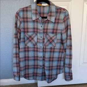 Full Tilt Plaid Flannel Button-Down Shirt in Aqua Blue and Pink